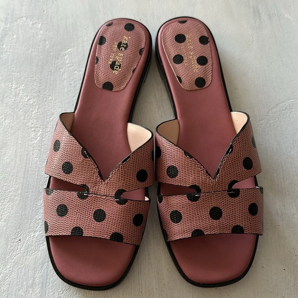 Kate Spade Dock Strappy Leather Slide Sandal Pink Black Dolka Dots Size 8 Summer
